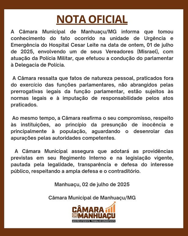 NOTA OFICIAL DA CÂMARA MUNICIPAL DE MANHUAÇU